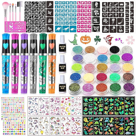 TEUVO Kids Glitter Tattoo Kit with 25 Colors, 225 Stencils, 6 Pens, 2 Rhinestone Sheets, 5Brushes, 3Glues, 20 Sheets Colorful & Glow-in-the-dark Mixed Temporary Tattoos Stickers for Halloween Birthday