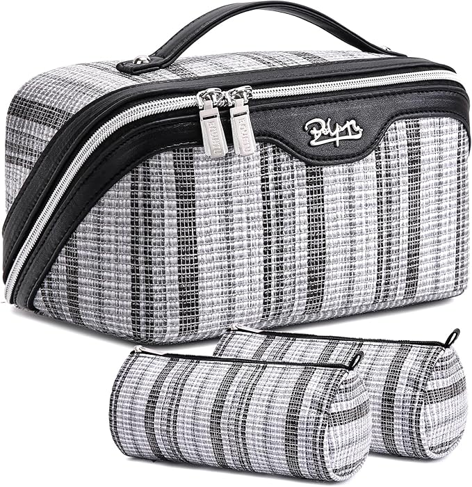 Travel Makeup Bag for Women: Large Capacity Open Flat Make up Bag Set of 3 - Vegan Leather Cosmetic Bag with Compartments - Waterproof Toiletry Bag with Handle & Divider(Black)