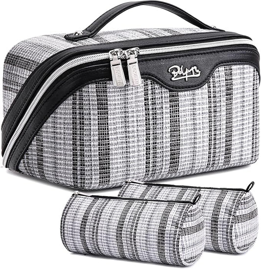 Travel Makeup Bag for Women: Large Capacity Open Flat Make up Bag Set of 3 - Vegan Leather Cosmetic Bag with Compartments - Waterproof Toiletry Bag with Handle & Divider(Black)