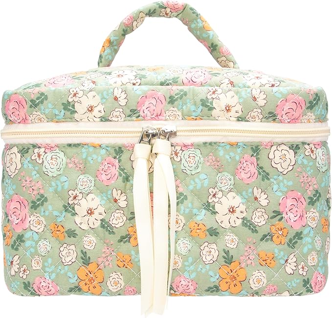 PAZIMIIK Quilted Makeup Bag Large Travel Zipper Soft Cosmetic Case for Women Girls Make Up,Green Flower