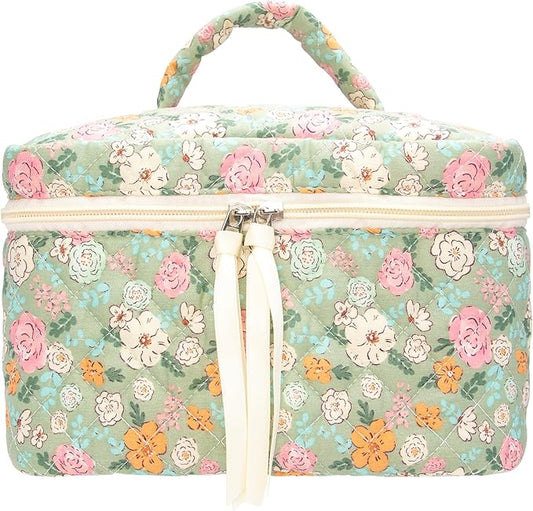 PAZIMIIK Quilted Makeup Bag Large Travel Zipper Soft Cosmetic Case for Women Girls Make Up,Green Flower