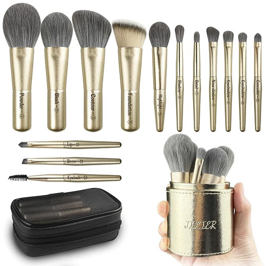 Jilier Travel Makeup Brush Set, 14 pcs Mini Makeup Brushes for Foundation, Powder, Eyeshadow, Highlight, Contour, Blush & Concealer, Small Makeup Brush Set Purse Size with Case