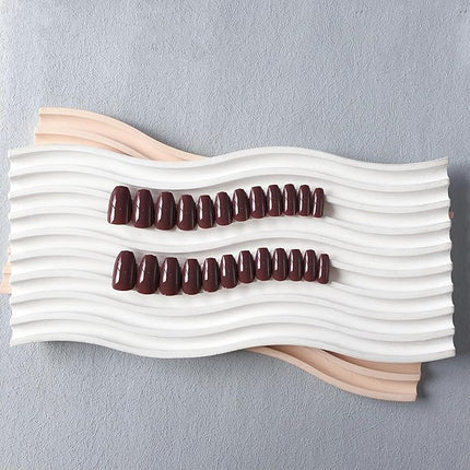 Brown Press on Nails Medium Coffin Fake Nails Press ons, KXAMELIE Full Cover False Nails Tips Medium Length Glue on Nails Natural Thick Long Acrylic Nails 24Pcs Solid Color Coffin Nails for Women