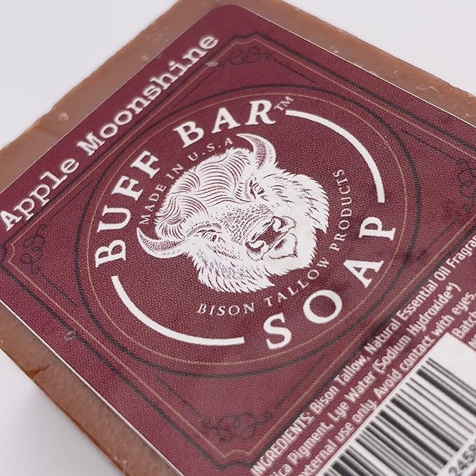 Bison Tallow Buff Soap Bar, Apple Moonshine, (2 pack) - Scents of Apple, Cinnamon, & Orange - Cleans, Moisturizes, Soothes, Hydrates - No Dyes, Chemicals, or Preservatives