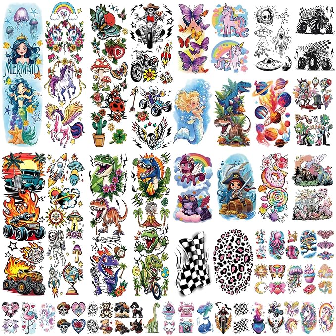 52 Sheets Kids Temporary Tattoos, Full Arm Sleeve Dinosaurs Monster Car Space Fake Tattoos for Boys, Mermaid Unicorn Butterflies Face Body Stickers for Girls Birthday Gifts Party Supplies