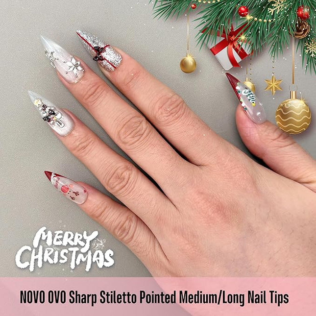 NOVO OVO Sharp Stiletto Pointed Medium Long Nail Tips Press on, Extra Thick Soft Gel Double Matte Clear Fake Nail Extension, Full Cover False Nails for Salon DIY x 16 Sizes 480 pcs