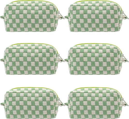 PAZIMIIK Checkered Makeup Bag for Purse Portable Zipper Make Up Pouch Small Cosmetic Case for Travel Accessories (6PCS Light Green)