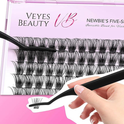 VEYESBEAUTY Lash Clusters Individual Eyelash Extensions Thin & Invisible Band DIY False Eyelashes for Self-application Newbie's Five-Second Series Wispy Lash Tray, Bomb 12mm Single Length