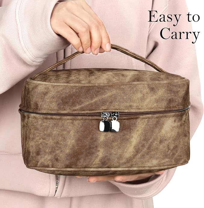 Makeup Bag, Portable Cosmetic Bag, Large Capacity Travel Makeup Case Organizer,Stylish Denim-Look Toiletry Bag for Women Girls With Handle and Removable Pouch