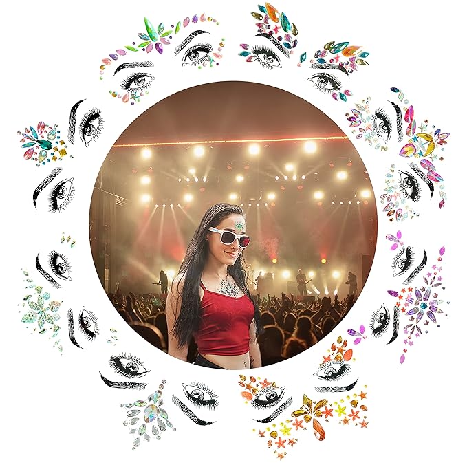 8 Pc Music Rave Face Jewels: Rhinestone Crystal Gems for Eyes, Body & More