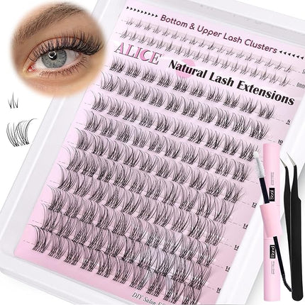 ALICE Lash Clusters Kit Clear Band Natural Lash Extensions Kit 5-16mm Wispy Cluster Eyelash Extension DIY Invisible Band Individual Cluster Lashes with Bottom Lash Bond and Seal Waterproof
