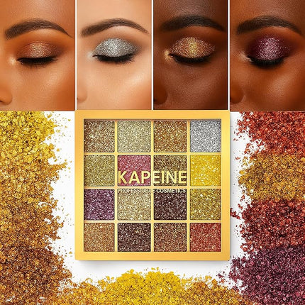 K'APEINE Gold Glitter Eyeshadow Palette, 16Colors Fine Pressed Sparkle Eye Shadow Metallic Glitter Powder Makeup Pallet Ultra Shimmer Makeup Kit Highly Pigmented Long Lasting Waterproof for Face Body