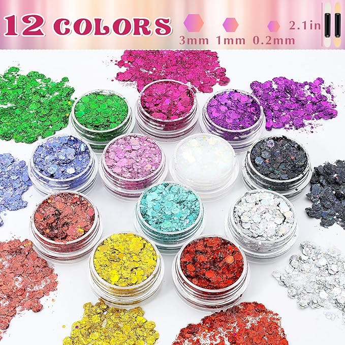 12 Colors Body Glitter Gel and Face Glitter Gel Makeup for Eyeshadow and Nails, Hair and Raves Festivals, Makeup for Women and Kids