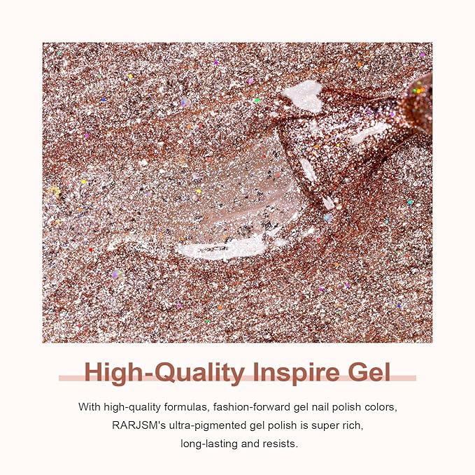 RARJSM Glitter Gel Nail Polish Rose Gold Sparkly Iridescent Rainbow Shimmer Metallic Pink Holographic Nail Gelpolish Soak off L e d U V Curing Required High Pigments for Home Manicure Nail Art 15ml