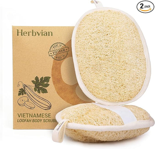 Vietnamese Natural Loofah Exfoliating Body Scrubber Pads, 100% Plant-Based Shower Luffa Sponge, Bath Loofah for Women Men, 2-Pack