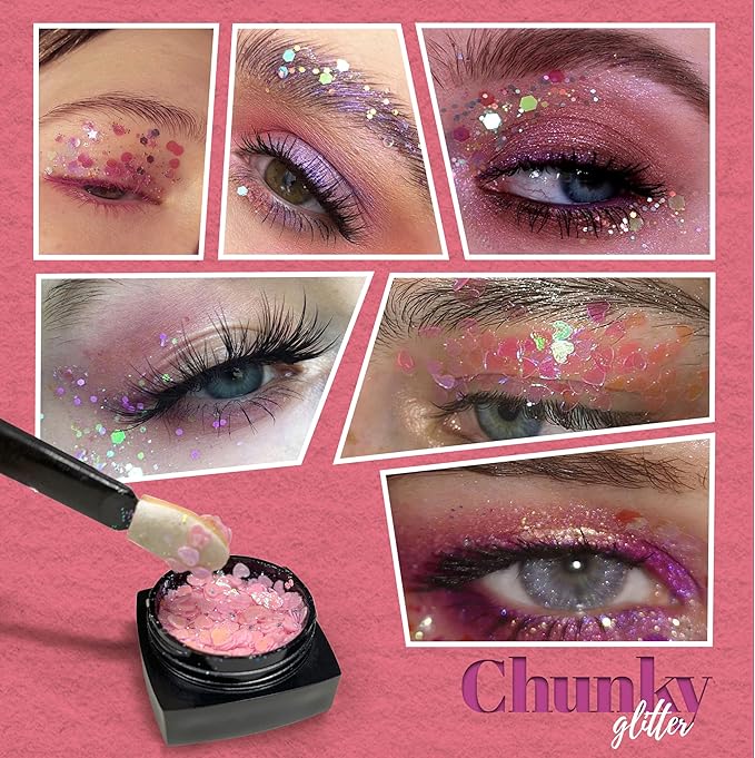 LALACE Face Glitter, Pink Body Glitter Gel - Long-Lasting Holographic Glitter for Hair, Face, Body, Shimmer Eyeshadow, 8PCS DIY Heart Love Temporary Tattoos, Valentine's Day Gifts for Girlfriend