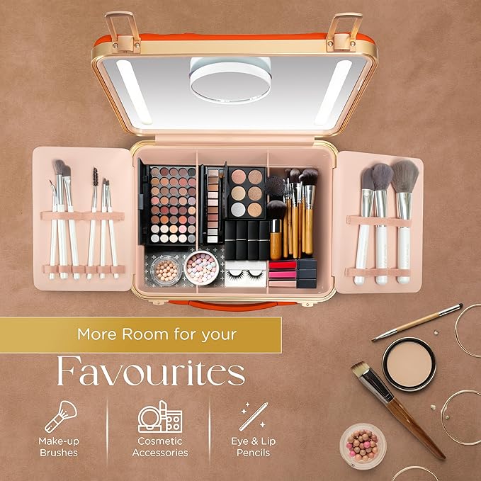 Makeup case with Light up Mirror Rechargeable with smart storage, Three light mode Mirror (Acrylonitrile Butadiene Styrene, Orange)