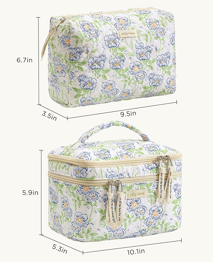HBselect 2Pcs Travel Makeup Bag, Large Cotton Quilted Makeup Bag Cosmetic Bag Cute Make up Bag Toiletry Bags for Women Girls
