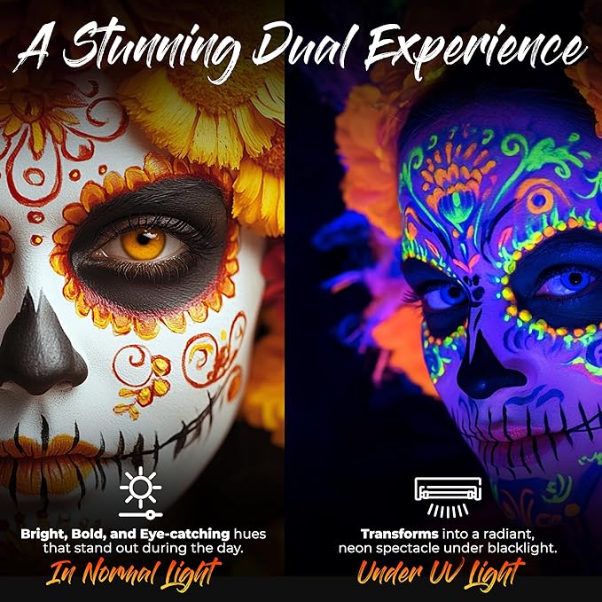 Splashes & Spills UV Face and Body Paint Sticks - UV Body Paint, UV Face Paint for Costume, Cosplay, Theater, Club - Glows Under UV Light - Black Light Paint For All Skin Types (6 Colors)