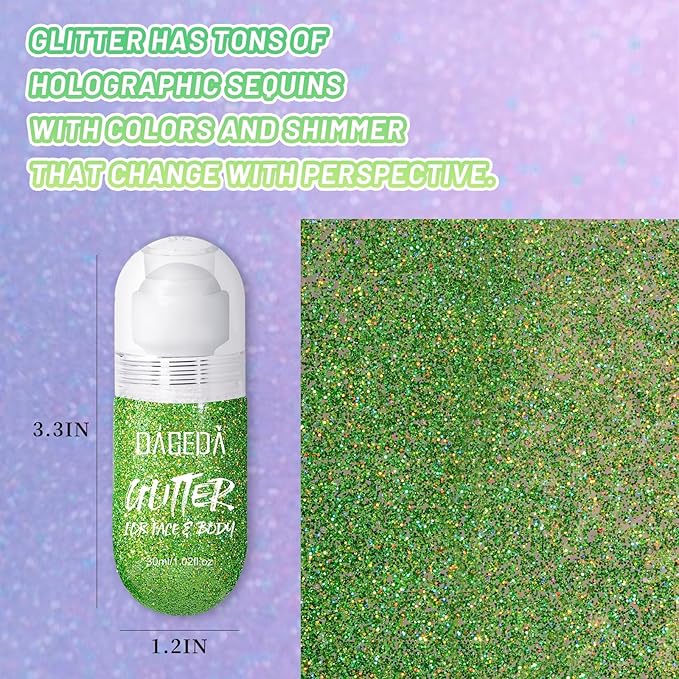 DAGEDA Green Body Glitter Gel, Roll-on Face Glitter for St Patricks Day Festival Rave Accessories, Holographic Hair Glitter Gel,Body Shimmer Mardi Gras Makeup for Rave Party
