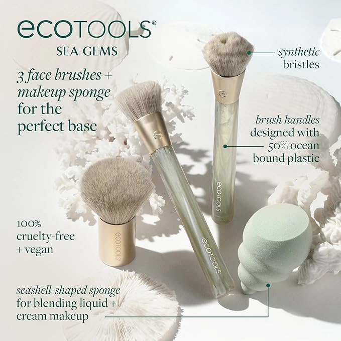 EcoTools Sea Gems Face Makeup Brush & Sponge 4 Piece Set, Eco-Friendly Makeup Brushes & Makeup Sponge, For Foundation, Blush, Contour, & Setting Powder, Recycled Plastic, Cruelty-Free Tools