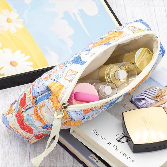PAZIMIIK Quilted Makeup Bag Large Travel Zipper Soft Cosmetic Pouch for Women Girls Make Up,Little Bunny