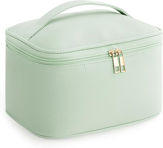Makeup Bag for Women Large Travel Makeup Bag Organizer Portable Toiletry Bag Cute Makeup Bags Waterproof Leather Cosmetic Bag Makeup Case with Removable Dividers, Green