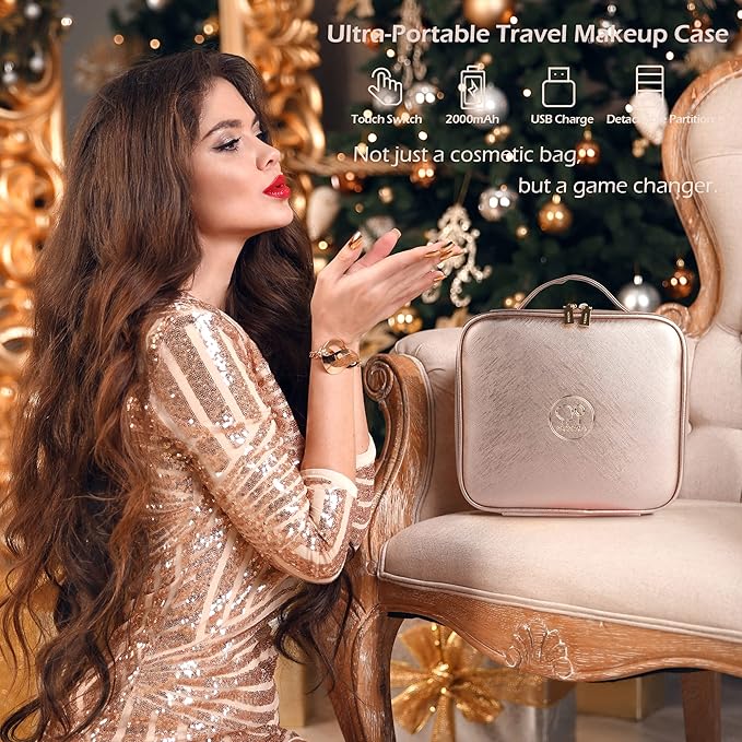 MOMIRA Travel Makeup Bag Cosmetic Bag Makeup Organizer Bag with Lighted Mirror, Adjustable Brightness in 3 Color Scenarios, Waterproof Makeup Train Case, Gift for Women - Champagne