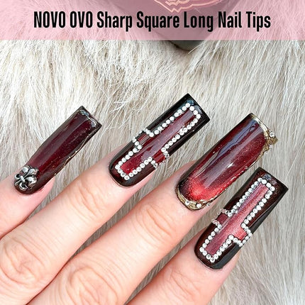 NOVO OVO Sharp Square Long Nail Tips Press on, Natural (Not Sculpted) No C Curve Soft Gel Double Matte Clear Fake Nail Extension,Full Cover False Nails for Salon DIY Manicure x 15 Sizes 360 pcs