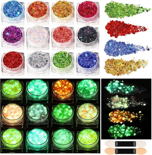Teenitor 12 Colors Makeup Festival Face Glitter and 12 Colors Glow in The Dark Body Glitter Gel for Women, Glitter Gel for Face and Body, Hair