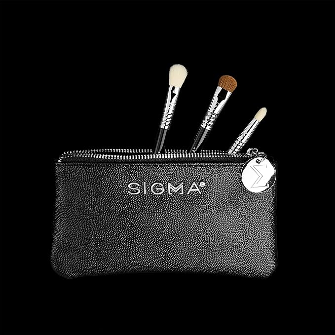 Sigma Beauty Glam ‘N Glow Mini Eye Makeup Brush Set – Set of 3 Eye Makeup Brushes for Blending, Shading, Lining, and Smudging, Includes Stylish Black Small Makeup Bag (4 Pcs)