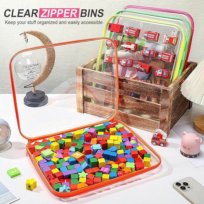 Hoolerry 4 Pcs Hard Clear Zipper Case Makeup Bags Plastic Pencil Pouch Transparent Storage Box Containers for Cosmetics, Snacks, Building Blocks, Puzzles(Fluorescent,13.8 x 11.8 x 2 in)