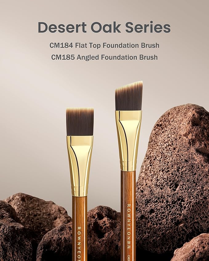 Desert Oak Series Foundation Master Duo Brush Set - CM 184 Liquid Flat Top & CM 185 Cream Angled Brush for All Foundation Types, Bubinga & Brass