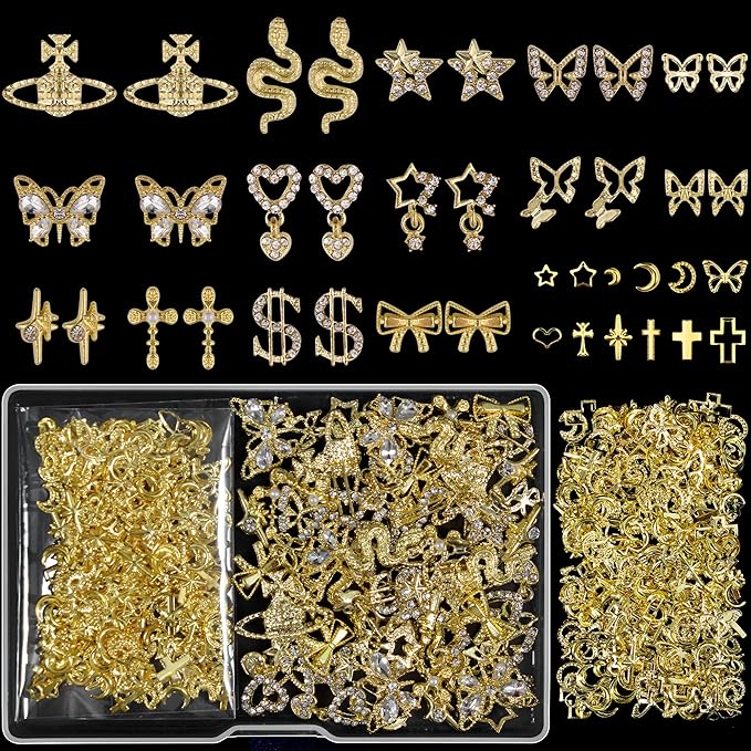 Artdone Nail Art Studs Kit, 3D Gold Cross Nail Charms and Diamond Butterfly Gems Bulk Nail Jewels Shiny Star and Moon for DIY Professional Manicures Decoration