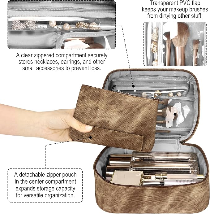 Makeup Bag, Portable Cosmetic Bag, Large Capacity Travel Makeup Case Organizer,Stylish Denim-Look Toiletry Bag for Women Girls With Handle and Removable Pouch