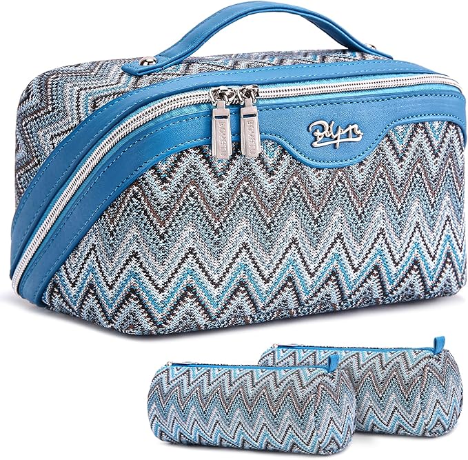 Travel Makeup Bag for Women: Western Boho Make up Bag Set of 3 - Large Capacity Vegan Leather Cosmetic Bag - Waterproof Toiletry Bag with Compartments & Handle & Divider(B-04Blue)