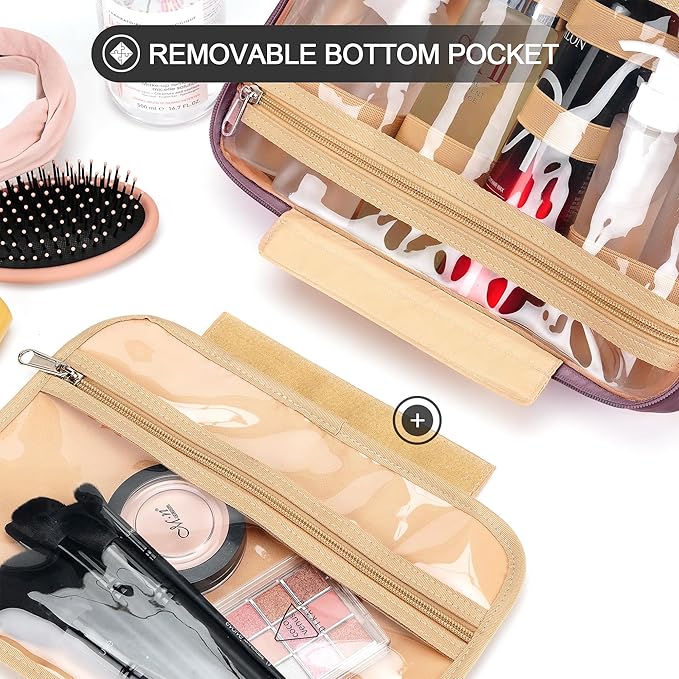 Travel Hanging Toiletry Bag for Women and Men, with 8 Leak Proofing Silicone Bottle Covers, Waterproof Makeup Accessories, Cosmetic Essentials, Toiletries Dopp Kit Set with Jewelry Organizer, Purple