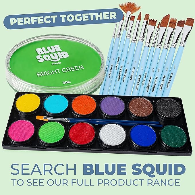 Blue Squid PRO Face Paint - Professional Water Based Single Cake Facepaint & Body Paints - SFX Makeup, Kids Adults Face Painting for Costume, Halloween, Cosplay - Classic Bright Green 30g / 1oz