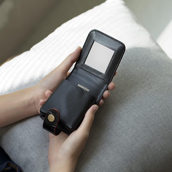 Cockatoo Leather Lipstick Case with Mirror Makeup Holder Portable Small Cosmetic Bag for Women More Colors