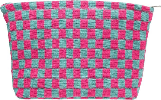 PAZIMIIK Knitted Checkered Makeup Bag Large Zipper Make Up Accessory Pouch for Purse Cosmetic Brush Bag for Travel Essential Magenta Green