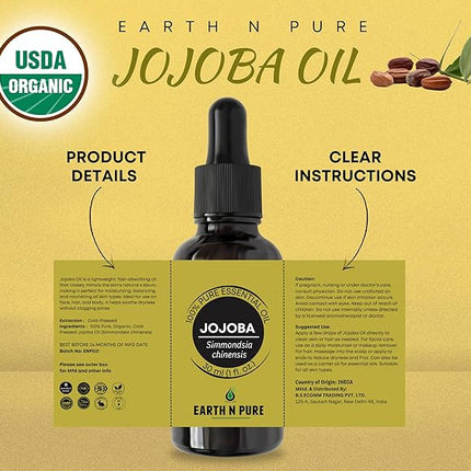 EARTH N PURE Jojoba Oil Cold Pressed Natural and Therapeutic Grade for Skin & Hair 50 ml