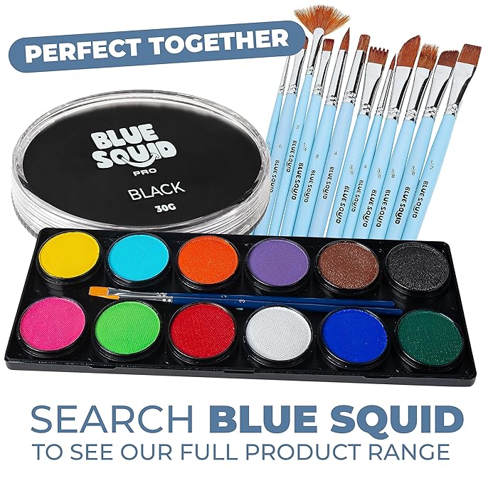 Blue Squid Face Paint Water Based Single Cake Professional Face Paint & Body Paint - Water Activated, Kids Adults Face Painting for Costume, Halloween Makeup, Cosplay - Classic Black Face Paint 30g