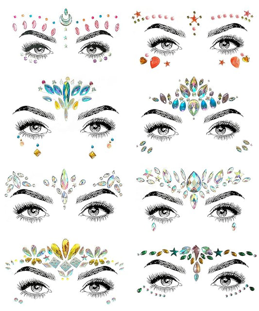8 PCS Mermaid Face Gems Glitter, Rhinestone Rave Festival Stickers Jewels, Crystals for Eyes Body Temporary Tattoos