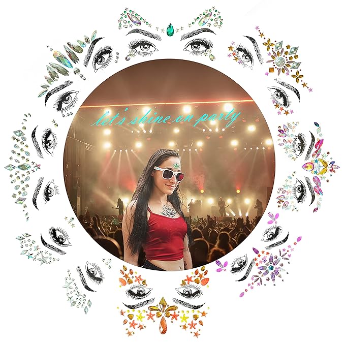 8 Pcs Gemstone Face Stickers for Music Festival Holiday Party, Rhinestone Face Jewels for Halloween Christmas, Face Gems Glitter Sticker Temporary Tattoo for Birthday Carnival