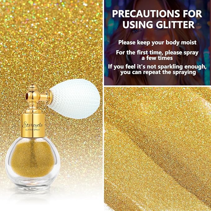 Etercycle Hair Glitter Spray, Gold Body Glitter Spray Fine Face Shimmer Powder, Cosmetic Shimmer Makeup Glitter Highlighter Powder Hairspray for Y2K Accessories, Party, Stage Shows, Nightclubs, Bar