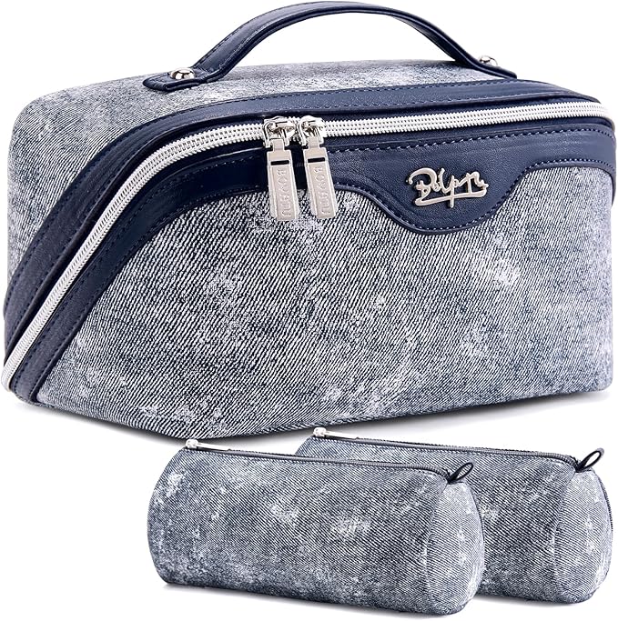 Travel Makeup Bag Cosmetic Bags for Women: 3 Sets Large Capacity Make up Bag - Portable Toiletry Bags with Handle for Women(05-Dark Blue)