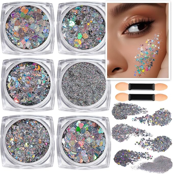 Teenitor Face Glitter, Sliver Body Glitter, Holographic Face and Body Glitter Gel for Women, Rave Glitter for Face, Hair, Eye and Body