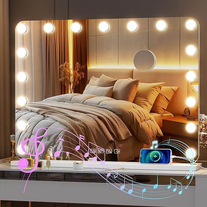 Hasipu Vanity Mirror with Lights and Bluetooth Speaker, 31.5" x 23.6" Hollywood Mirror, Makeup Mirror with 17 Dimmable Bulbs and 10X Magnification, 3 Colors Modes, USB Charging Port, Type-C (White)