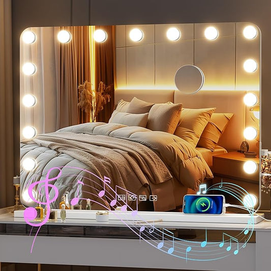 Hasipu Vanity Mirror with Lights and Bluetooth Speaker, 31.5" x 23.6" Hollywood Mirror, Makeup Mirror with 17 Dimmable Bulbs and 10X Magnification, 3 Colors Modes, USB Charging Port, Type-C (White)