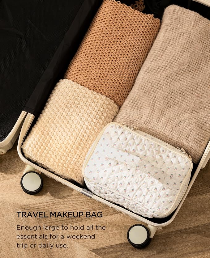 HBselect 2Pcs Travel Makeup Bag, Large Cotton Quilted Makeup Bag Cosmetic Bag Cute Make up Bag Toiletry Bags for Women Girls